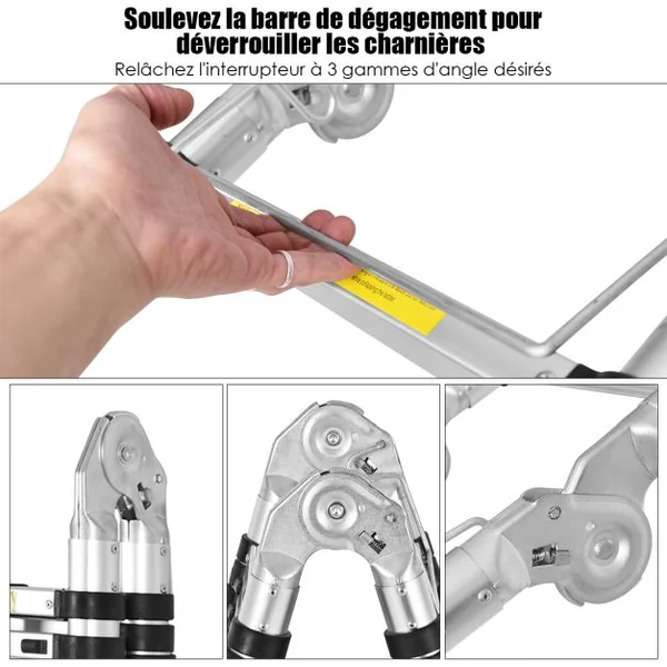 Echelle Télescopique 5 M avec 16 Marches Réglables de 90 à 500 Cm avec Barre Stabilisatrice Capacité 150 Kg en Aluminium