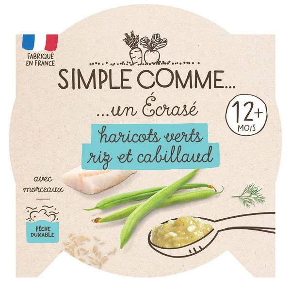 Ecrasé haricots verts riz et cabillaud assiette 200g