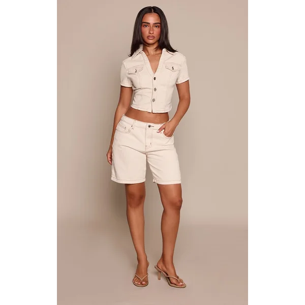 Ecru Chemise En Jean Ajustée À Manches Courtes Petite