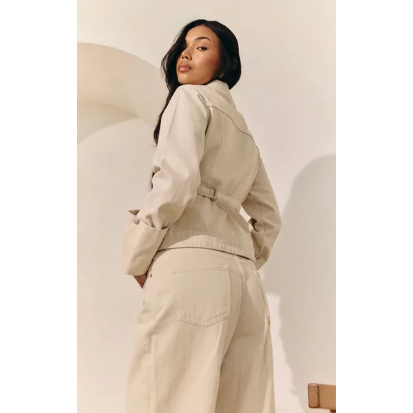 Ecru Veste En Jean Cintrée Dos Avec Revers Retroussés