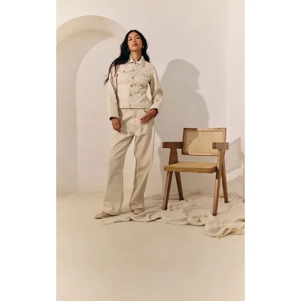 Ecru Veste En Jean Cintrée Dos Avec Revers Retroussés