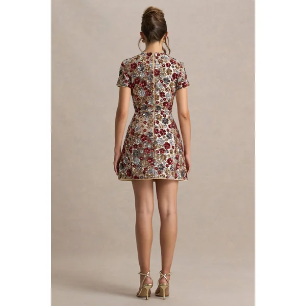 Eira | Mini-robe rouge à fleurs ornée de sequins et à col rond