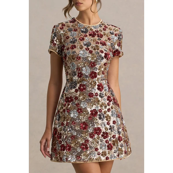 Eira | Mini-robe rouge à fleurs ornée de sequins et à col rond
