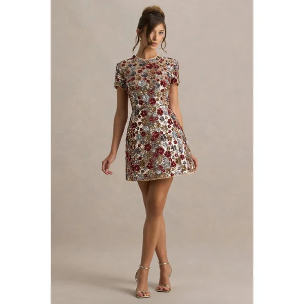 Eira | Mini-robe rouge à fleurs ornée de sequins et à col rond