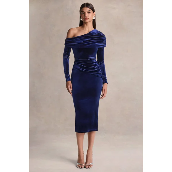 Eirene | Robe mi-longue en velours bleu à encolure asymétrique