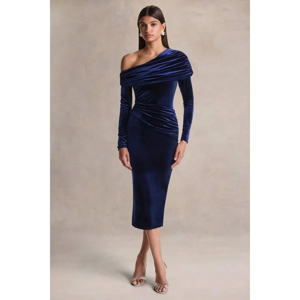 Eirene | Robe mi-longue en velours bleu à encolure asymétrique