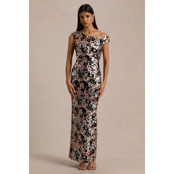 Electric | Robe longue en velours noir à encolure asymétrique avec détails floraux en sequins