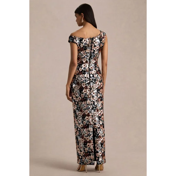 Electric | Robe longue en velours noir à encolure asymétrique avec détails floraux en sequins