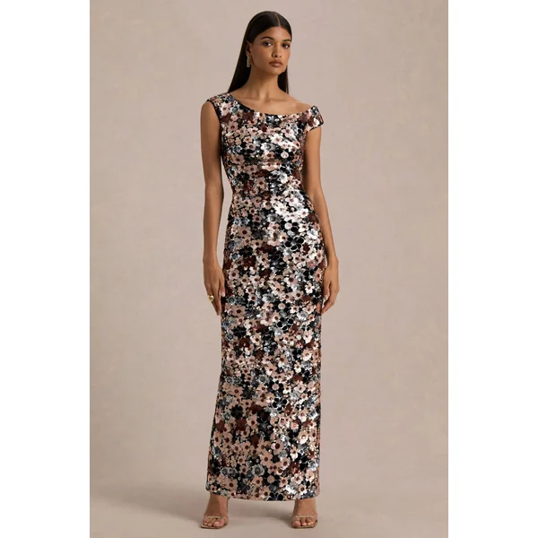 Electric | Robe longue en velours noir à encolure asymétrique avec détails floraux en sequins