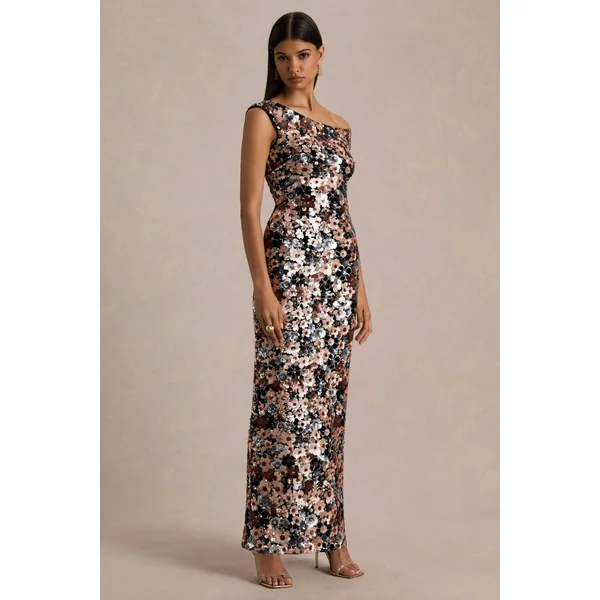 Electric | Robe longue en velours noir à encolure asymétrique avec détails floraux en sequins