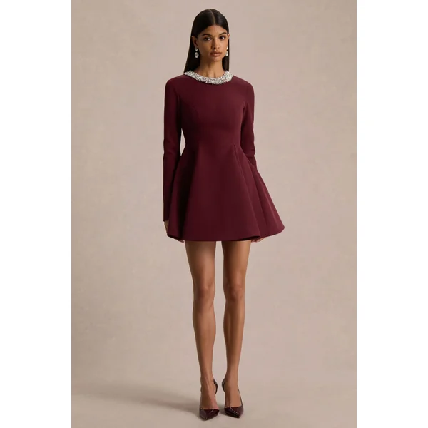 Eletta | Mini-robe bordeaux à encolure ronde ornée