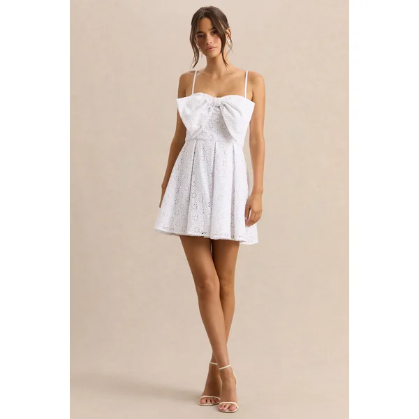 Elina | Mini-robe blanche à encolure carrée avec détail nœud
