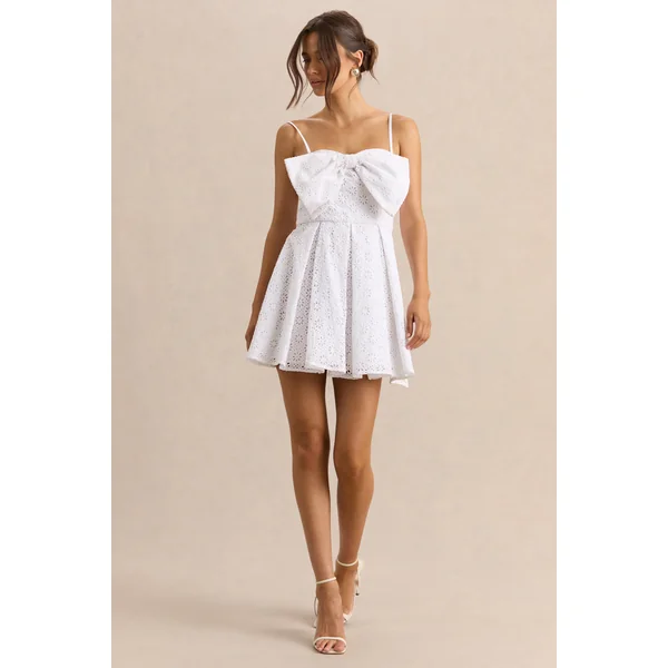 Elina | Mini-robe blanche à encolure carrée avec détail nœud