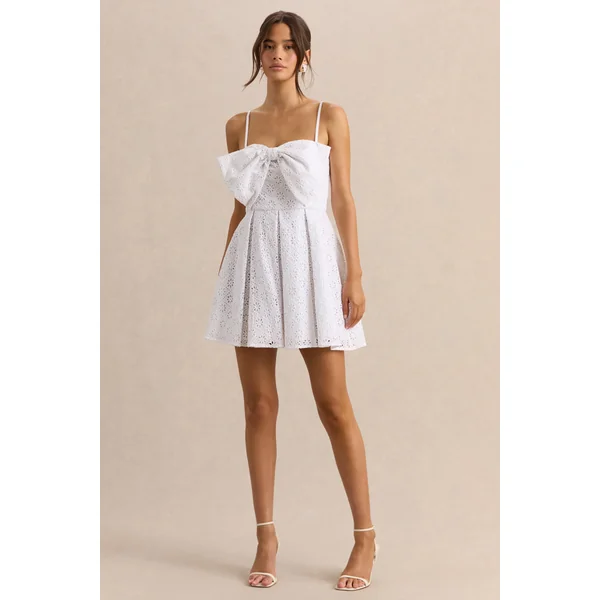 Elina | Mini-robe blanche à encolure carrée avec détail nœud