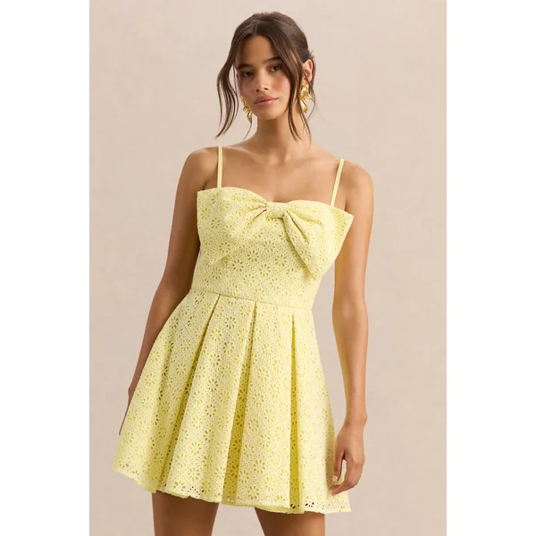 Elina | Mini-robe citron à encolure carrée avec détail nœud