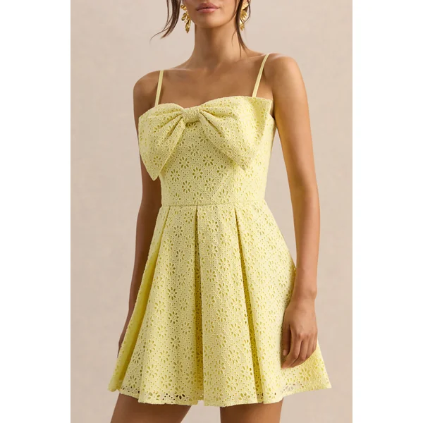 Elina | Mini-robe citron à encolure carrée avec détail nœud