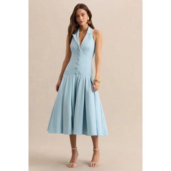 Elise | Robe mi-longue bleu poudre à décolleté plongeant avec taille basse