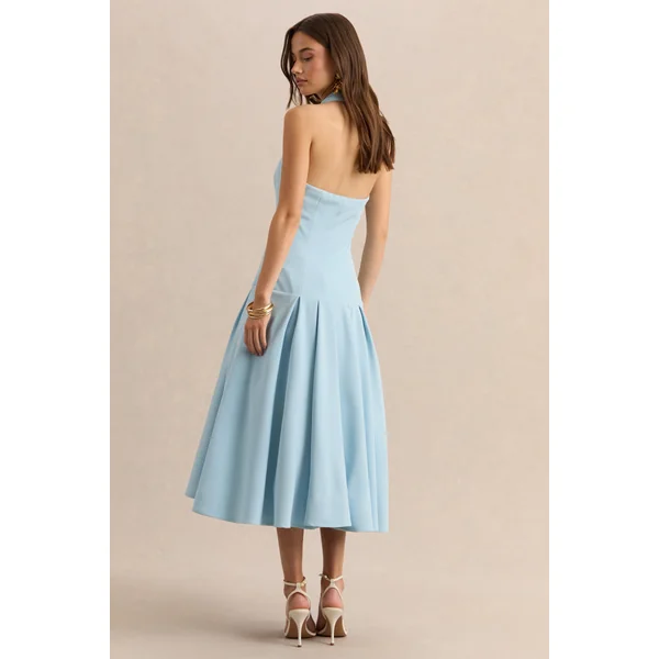 Elise | Robe mi-longue bleu poudre à décolleté plongeant avec taille basse