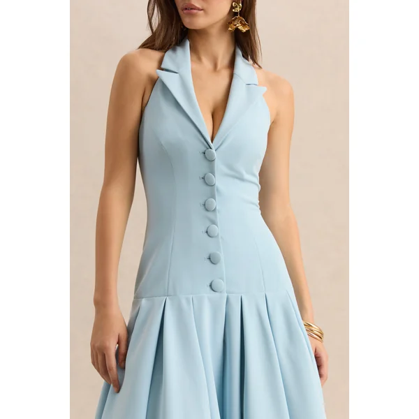 Elise | Robe mi-longue bleu poudre à décolleté plongeant avec taille basse