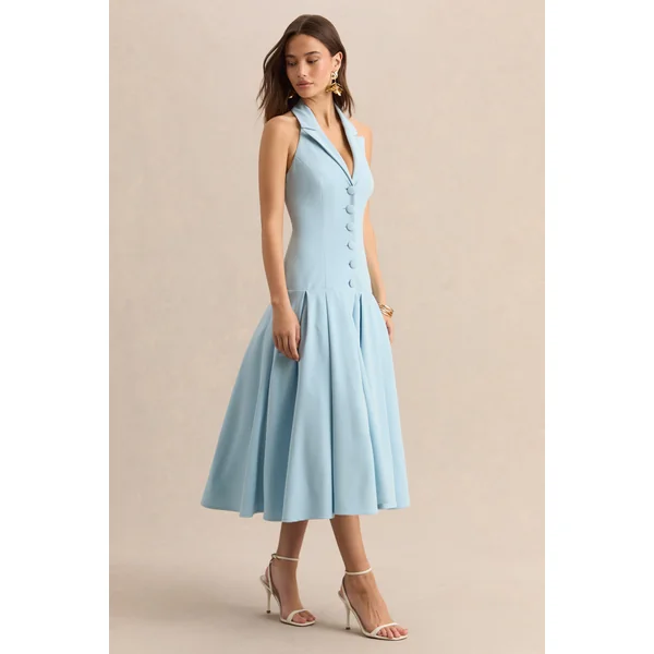 Elise | Robe mi-longue bleu poudre à décolleté plongeant avec taille basse