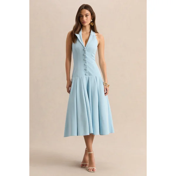 Elise | Robe mi-longue bleu poudre à décolleté plongeant avec taille basse