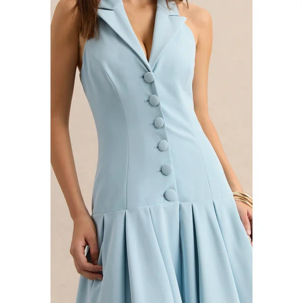 Elise | Robe mi-longue bleu poudre à décolleté plongeant avec taille basse