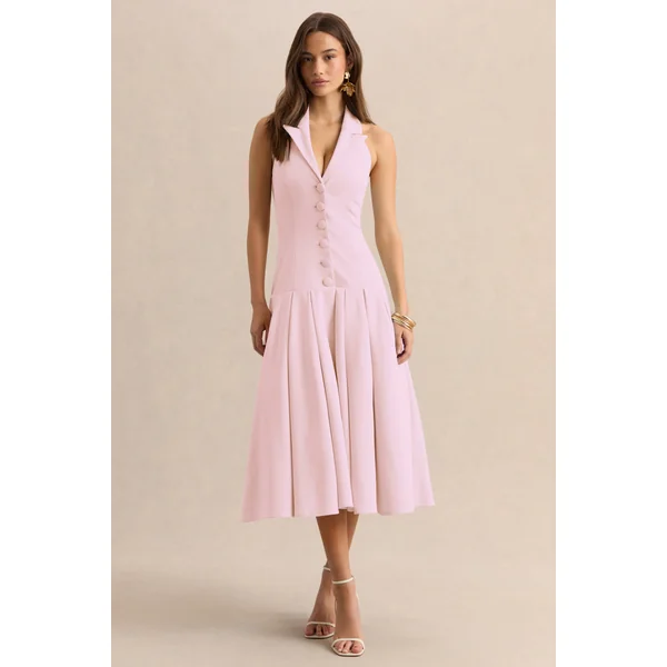 Elise | Robe mi-longue rose clair à décolleté plongeant avec taille basse
