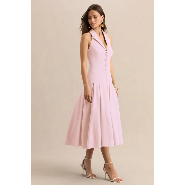 Elise | Robe mi-longue rose clair à décolleté plongeant avec taille basse