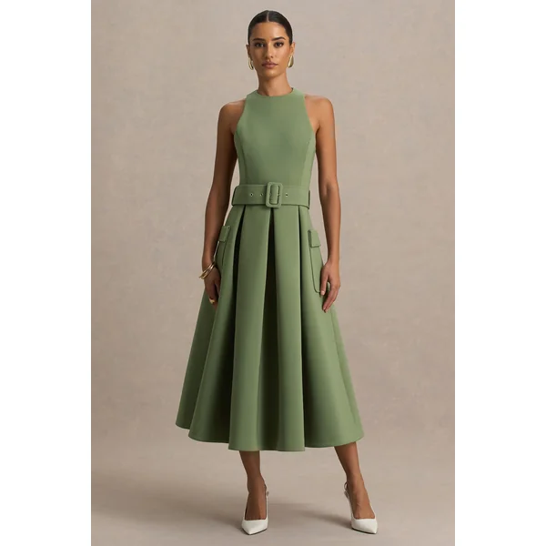 Elisia | Robe mi-longue olive à encolure ronde avec ceinture