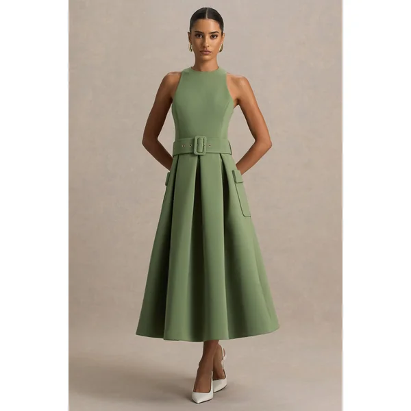 Elisia | Robe mi-longue olive à encolure ronde avec ceinture