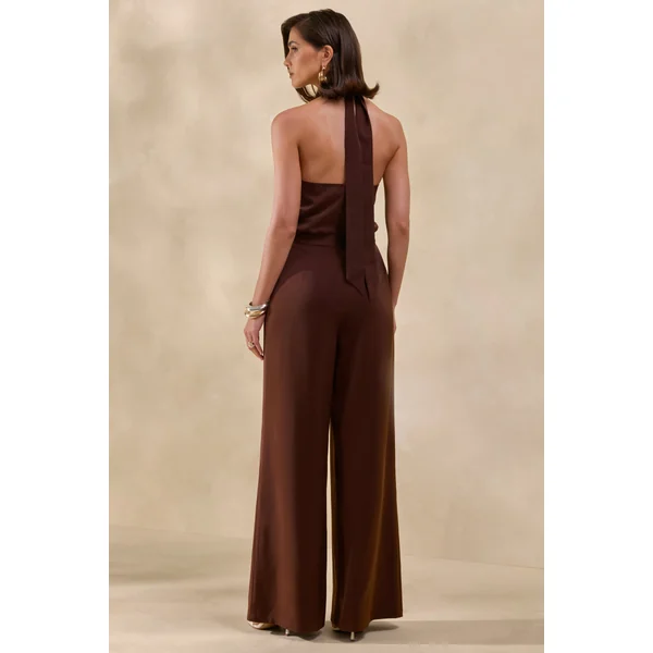 Elisra | Combinaison marron en satin à col dos nu
