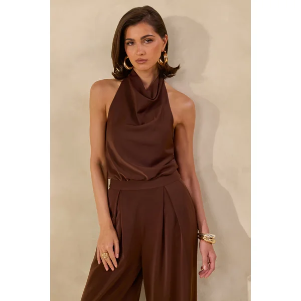 Elisra | Combinaison marron en satin à col dos nu