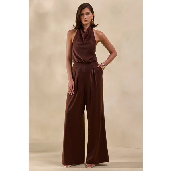 Elisra | Combinaison marron en satin à col dos nu