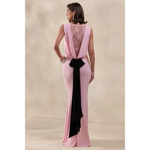 Elladine | Robe Longue Rose à Col Rond Avec Dos en Dentelle et Nœud au Dos