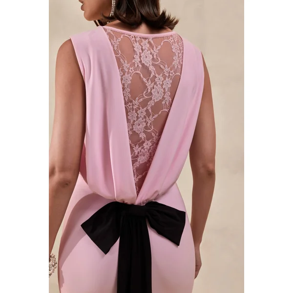Elladine | Robe Longue Rose à Col Rond Avec Dos en Dentelle et Nœud au Dos