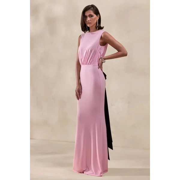 Elladine | Robe Longue Rose à Col Rond Avec Dos en Dentelle et Nœud au Dos