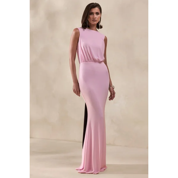 Elladine | Robe Longue Rose à Col Rond Avec Dos en Dentelle et Nœud au Dos