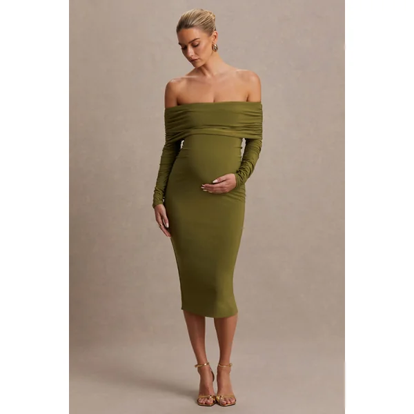 Elspeth | Robe de maternité mi-longue couleur olive à encolure bardot