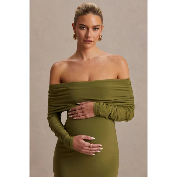 Elspeth | Robe de maternité mi-longue couleur olive à encolure bardot