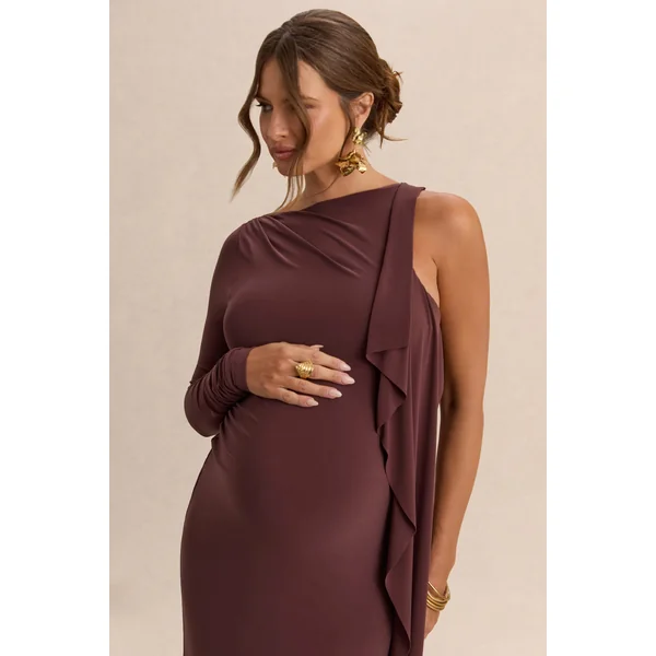 Emanuela | Robe longue de grossesse marron foncé à encolure bateau avec détail d’écharpe