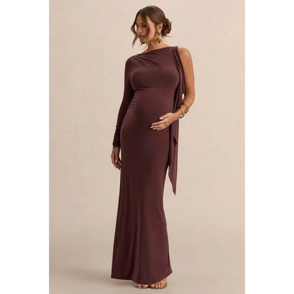 Emanuela | Robe longue de grossesse marron foncé à encolure bateau avec détail d’écharpe