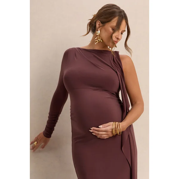 Emanuela | Robe longue de grossesse marron foncé à encolure bateau avec détail d’écharpe