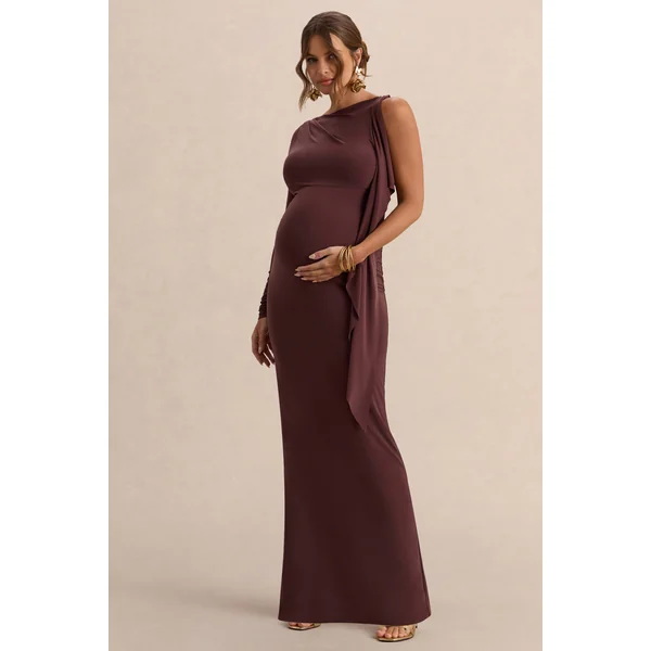 Emanuela | Robe longue de grossesse marron foncé à encolure bateau avec détail d’écharpe