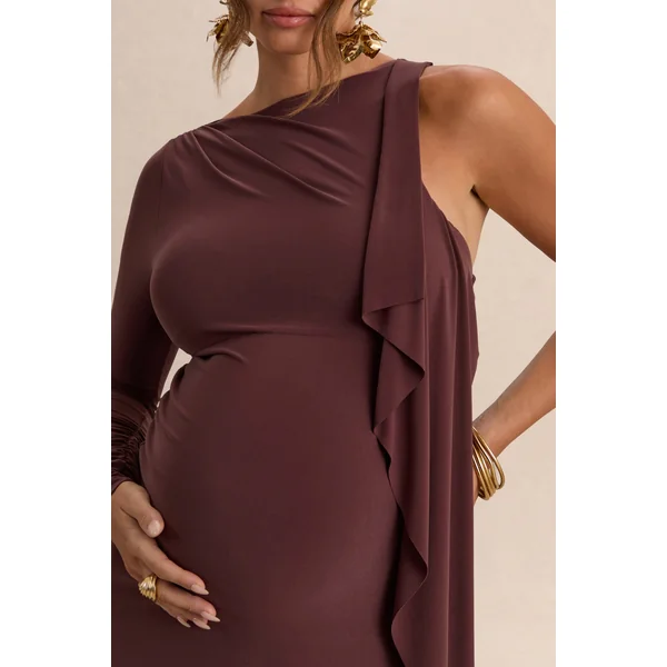 Emanuela | Robe longue de grossesse marron foncé à encolure bateau avec détail d’écharpe