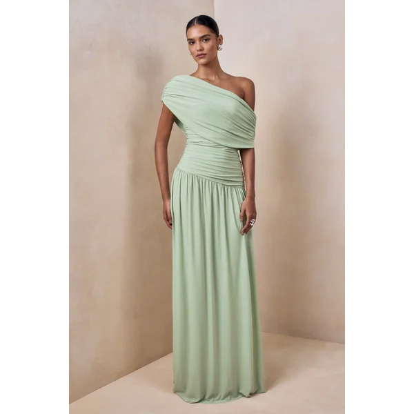 Emberly | Robe longue verte à encolure asymétrique drapée avec taille basse