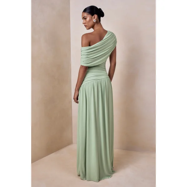 Emberly | Robe longue verte à encolure asymétrique drapée avec taille basse