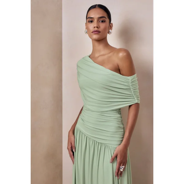 Emberly | Robe longue verte à encolure asymétrique drapée avec taille basse