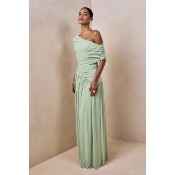 Emberly | Robe longue verte à encolure asymétrique drapée avec taille basse
