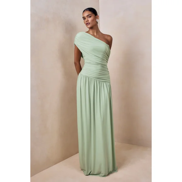 Emberly | Robe longue verte à encolure asymétrique drapée avec taille basse