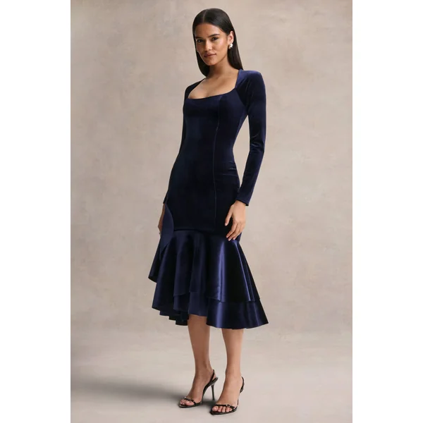 Emberlyn | Robe mi-longue sirène en velours bleu marine à encolure dégagée